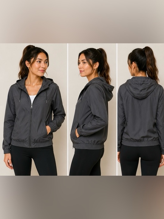 Zine Clothing Jackets & Blazers - Zine Women’s Small Grey Hooded Windbreaker Jacket Lightweight Full Zip Coat
